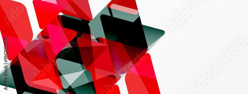 Abstract geometric shapes overlap, creating dynamic red, gray, black composition. White space provides contrast, modern feel.