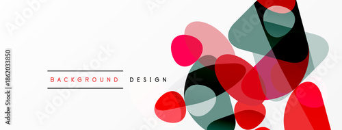 Abstract shapes overlap, creating vibrant visual interest. Red, gray, black hues dominate white space. Minimalist design elements present modern aesthetic.