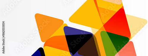 Abstract geometric shapes overlap, creating vibrant color blocks. Orange, yellow, red, green dominate composition. Minimalist design.