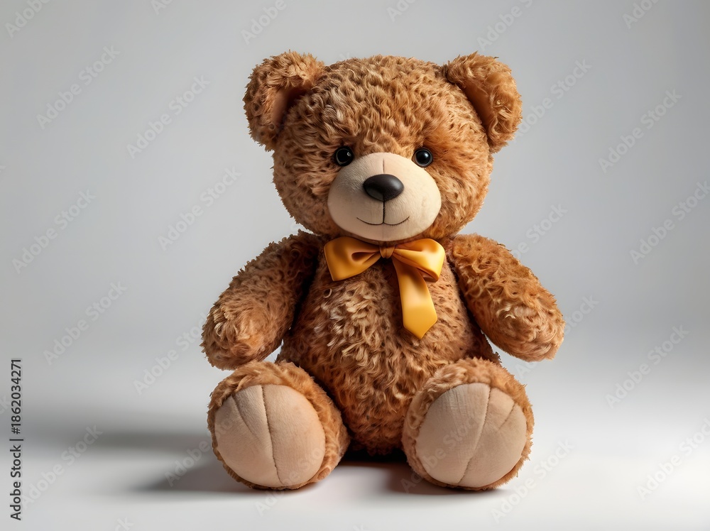 Fototapeta premium Brown teddy bear sitting with yellow bow tie on white background