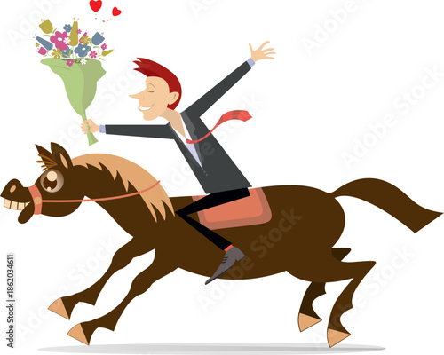Young man with bunch of flowers rides horse