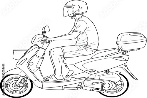 Scooter Journey: A person rides a scooter with helmet on a sunny day, showcasing a sense of freedom and mobility.