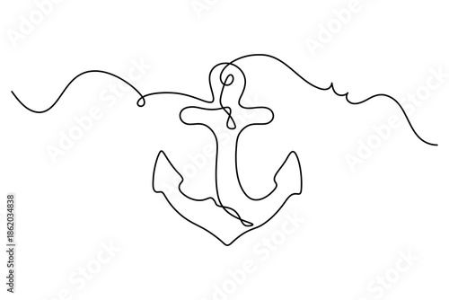 Continuous line nautical anchor sketch with a curly wave line for modern sea themes