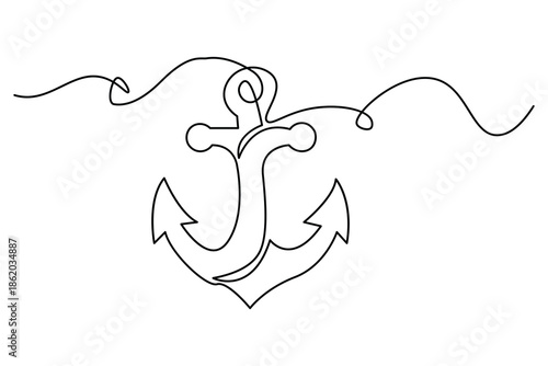 Artistic nautical anchor symbol with a looping rope line in minimalist one line art