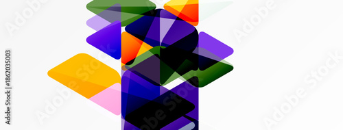 Abstract geometric shapes overlap, creating vibrant color blends. Composition feels dynamic, modern, minimalist. Bright hues dominate white background.
