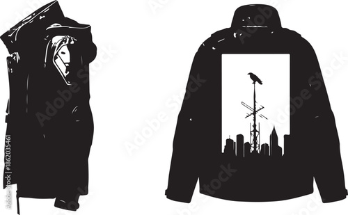 Urban inspired protective jacket with city silhouette isolated on white background