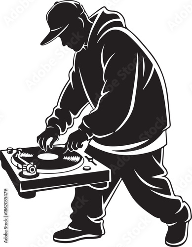 Dj operating turntable isolated on white background