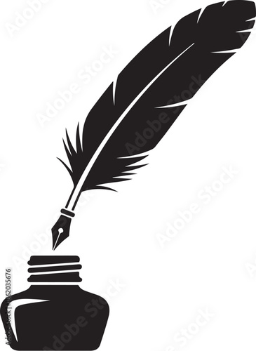 Feather pen with ink bottle isolated on white background
