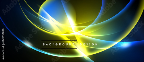 Abstract design features vibrant blue, yellow glows. Dynamic curves create energy, modern aesthetic. Dark background emphasizes luminosity.