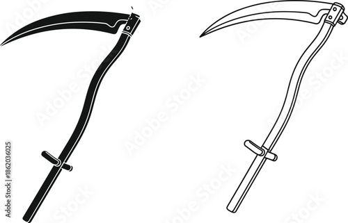 Hand Drawn Scythe Illustration Vector Set Featuring Grim Reaper Sickle Isolated on White Background for Halloween Horror and Agricultural Farming Design