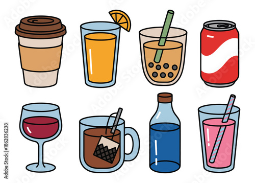 Different Drinks, Colorful Beverage Illustrations Featuring Juices, Soft Drinks