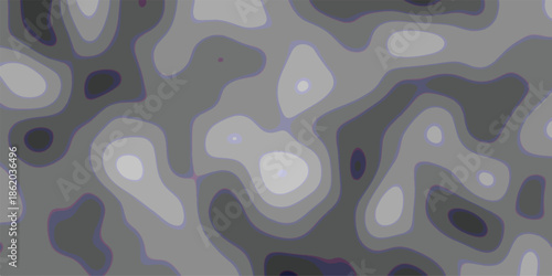 Abstract topographic contour map with smooth flowing lines in shades of gray and purple, representing elevation changes and terrain variations in a stylized digital art background