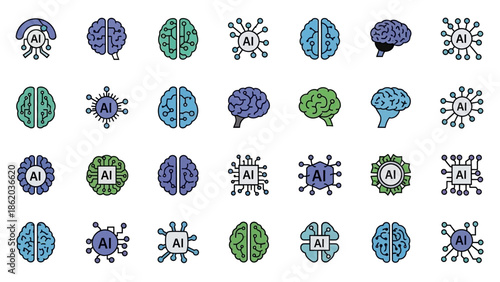 Artificial Intelligence Brain Icons Set.