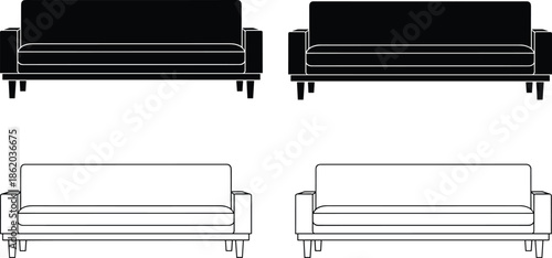 Mid Century Modern Sofa Vector Illustration Set Featuring Minimalist Couch Outline and Silhouette Icons for Interior Design Home Decor Furniture Graphics