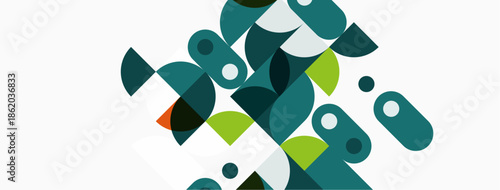 Abstract geometric shapes overlap, creating dynamic composition. Teal, green, orange hues dominate white background. Modern design.
