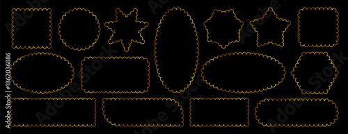 Set of thin golden scalloped frames in various geometric shapes, including rectangles, ovals, circles, and stars