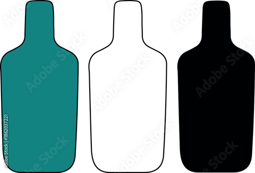  3 types of silhouette Broad liquor flask bottle silhouettes in teal, outline, and black, sturdy vector design for beverage labels and spirits branding