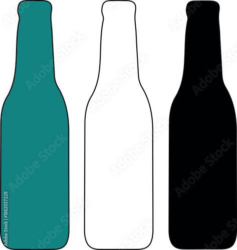 3 types of silhouette Tall beer bottle silhouettes in three styles, teal fill, outline, and black, professional vector assets for brewery logos and bar menus
