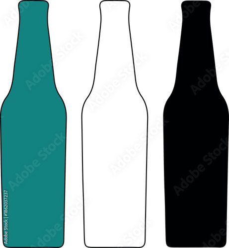 3 types of silhouette Traditional beer bottle silhouette icons in teal, black, and outline versions, versatile vector graphics for the beverage and hospitality industry