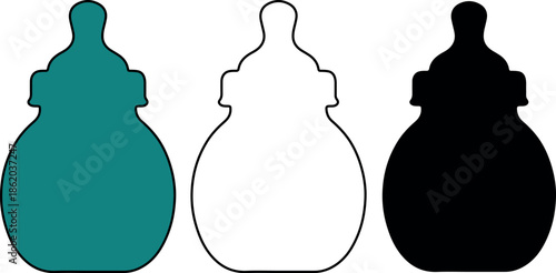 3 types of silhouette Baby feeding bottle silhouettes in teal, outline, and black, cute vector icons for parenting blogs, baby products, and nursery design