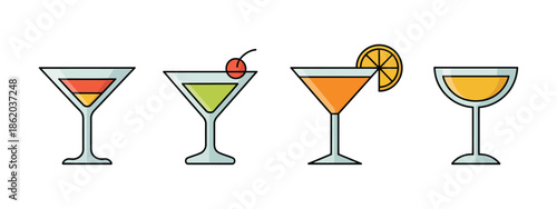 Cocktail Drinks, Four Colorful Martini and Coupe Glasses With Garnishes, Ice, Fruit Decorations and Vibrant Beverage Illustration.