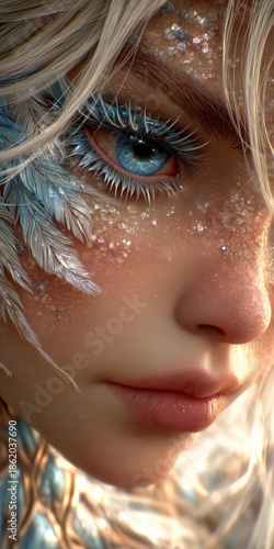 Extreme close-up macro portrait of a beautiful fantasy elf with bright blue eyes, glitter freckles, and light blue feather eyelashes.