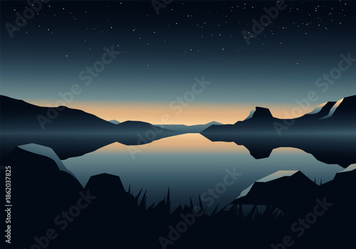 mountain landscape with lake and stars