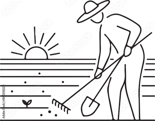 Farmer or gardener cultivating a field at sunrise, working with a rake and shovel in an agricultural landscape, symbolizing growth, new beginnings, and sustainable farming