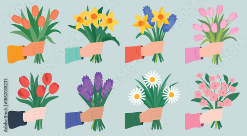 Hands Holding Spring Flower Bouquets, Colorful Floral Arrangements With Tulips, Daisies, Roses and Fresh Seasonal Blooms Illustration.