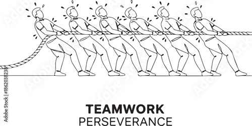 Continuous Line Drawing of Business People Team Playing Tug of War, Symbolizing Teamwork, Perseverance, and Collaborative Effort to Achieve Success in a Challenging Environment