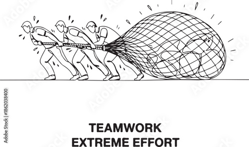 Line Art Illustration of Teamwork and Extreme Effort Three People Collaboratively Pulling a Heavy Net, Symbolizing Partnership, Hard Work, and Achieving a Shared Goal or Overcoming a Challenge