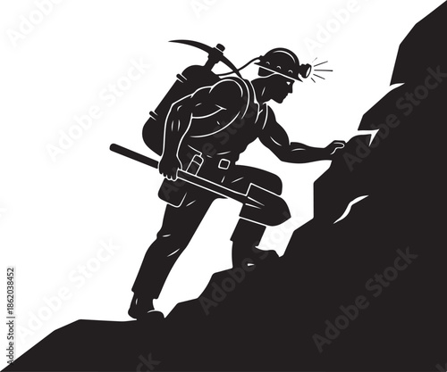 Miner climbing rock silhouette, a determined worker with a pickaxe and headlamp, symbolizing exploration, hard work, and discovery in a graphic illustration style