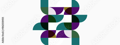 Abstract geometric pattern. Overlapping circles create complex design. Teal, purple, olive hues dominate white background. Modern aesthetic.