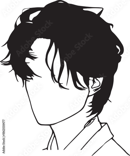 Minimalist line art illustration of a person's head and stylized hair in profile, a graphic black and white portrait or abstract silhouette symbolizing anonymity and modern design