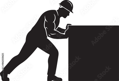 Strong worker in hard hat pushing a heavy box or block, showcasing effort, strength, and manual labor in a clear silhouette vector illustration