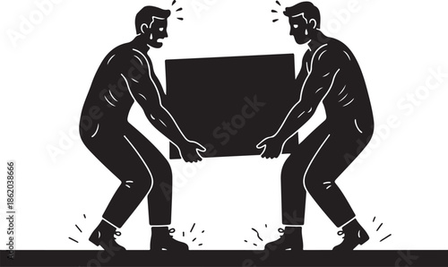 Two men exert great effort and teamwork to lift a heavy, rectangular object, symbolizing burden, challenge, or collaborative problem-solving