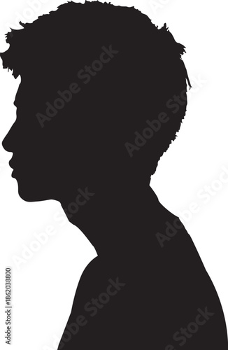 Black silhouette profile of a young man, head and shoulders, featuring a textured haircut against a clean white background; an anonymous or generic human figure portrait or outline