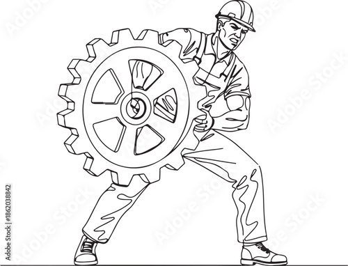 Continuous line art drawing of a determined engineer or worker in a hard hat moving a large industrial gear, symbolizing hard work, effort, and mechanical progress