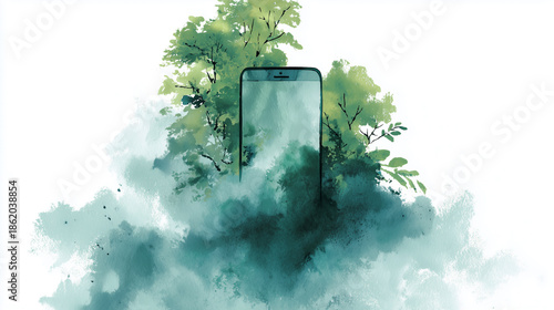 Watercolor illustration of smartphone surrounded by nature, digital detox and eco technology concept, green lifestyle and sustainability