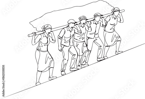 Continuous line art drawing of a team of people, men and women, carrying a heavy load on a pole uphill, symbolizing collective labor, perseverance, and shared effort in a challenging climb