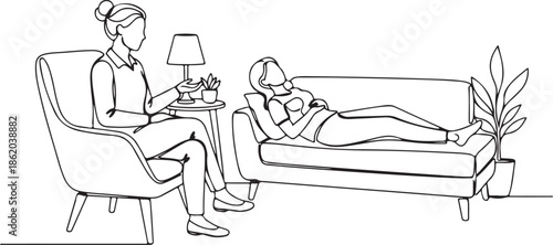 Continuous line art illustration of a psychotherapy session with a therapist and patient, representing mental health support and counseling