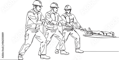 Continuous Line Art Drawing of Rescue Workers, Emergency Personnel, or First Responders Transporting an Injured Person or Patient on a Stretcher, Minimalist Single Line Style Illustration