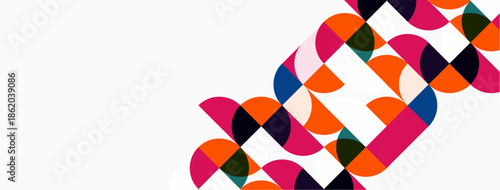 Abstract colorful overlapping semicircles create dynamic pattern. Bright hues contrast against white background. Modern design element.