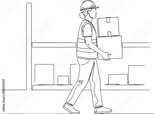 Continuous line drawing of a warehouse worker, delivery person, or logistician carrying stack of cardboard boxes in a storage facility or industrial setting, representing shipping, labor, and safety