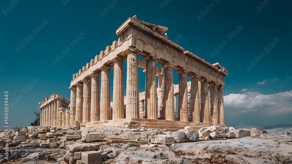 Fototapeta premium Ancient Greek temple with towering columns, weathered stone, clear blue sky background