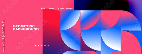 Modern website header design. Vibrant geometric shapes, pink gradient, navigation menu visible. Clean, professional aesthetic.