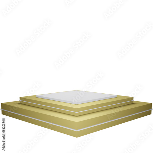 ​Square gold tiered pedestal for premium jewelry display.
​Luxury golden platform for expensive product exhibition.
​Royal gold and white geometric podium for high-end brands.