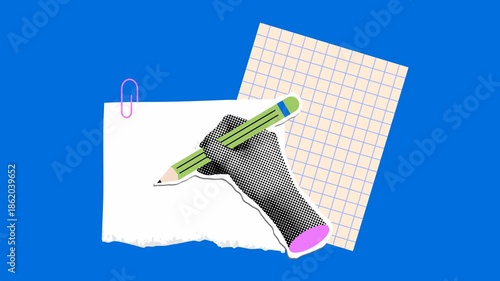 Hand draws a check mark. Confirmation. Concepts of agreement and choice. Halftone collage animation