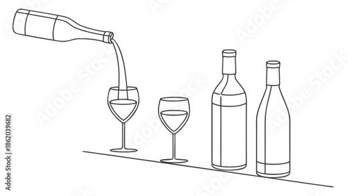 Wine bottle pouring liquid into a glass, with two other bottles nearby.