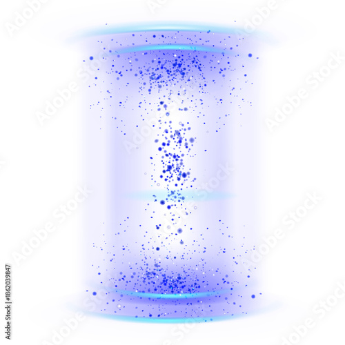 ​Abstract purple energy pillar with particles and glowing light.
​Futuristic vertical portal beam with cosmic stardust.
​Sci-fi teleportation light effect on white background.